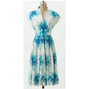 Anthropologie Maple White Blue Hydrangea Anabelle Flared A Line Midi Dress Sz 4